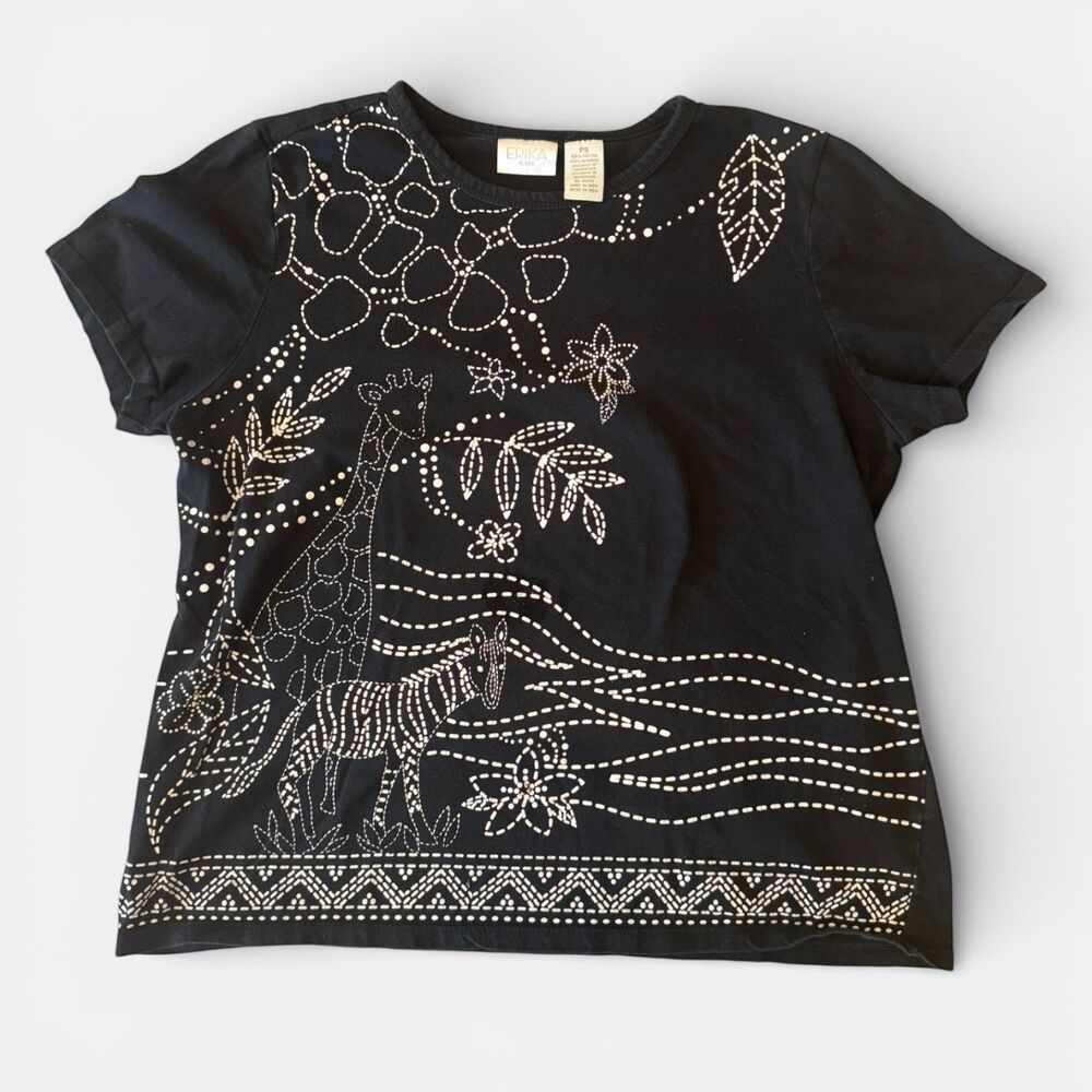 Vintage 90's T-Shirt Black with White Giraffe Zebra Graphic Cropped Small